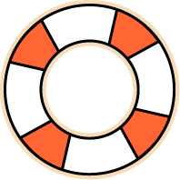 A circular life preserver buoy with alternating white and orange segments, outlined in black with a beige border, on a solid white background.