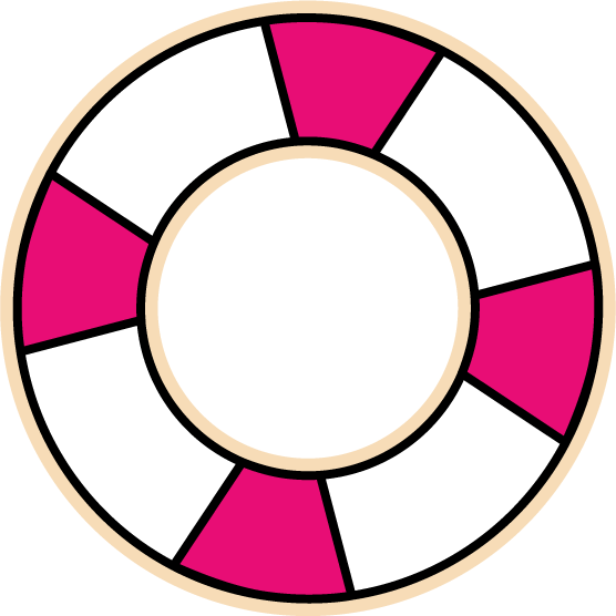 A circular life preserver ring graphic with alternating white and bright pink sections, outlined in black with a beige outer edge, on a plain white background.