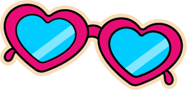 Heart-shaped sunglasses with bright pink frames and light blue lenses, outlined in black with a beige shadow effect.