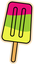 A cartoon-style popsicle with three horizontal color bands: pink on top, green in the middle, and yellow on the bottom, mounted on a brown stick.