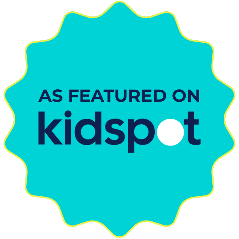 A bright teal badge with a wavy scalloped edge and the text 'AS FEATURED ON kidspot' in dark blue and white, shown on a black background.