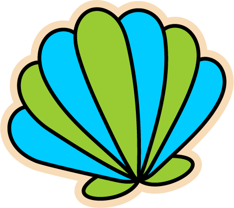 A stylized cartoon seashell graphic with alternating bright blue and light green petal shapes outlined in black and filled with a beige drop shadow on a white background.