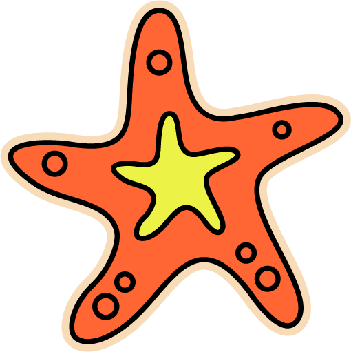 A cartoon-style starfish illustration with an orange body, a smaller yellow star inside, black outlines, and small circular details on a plain white background.