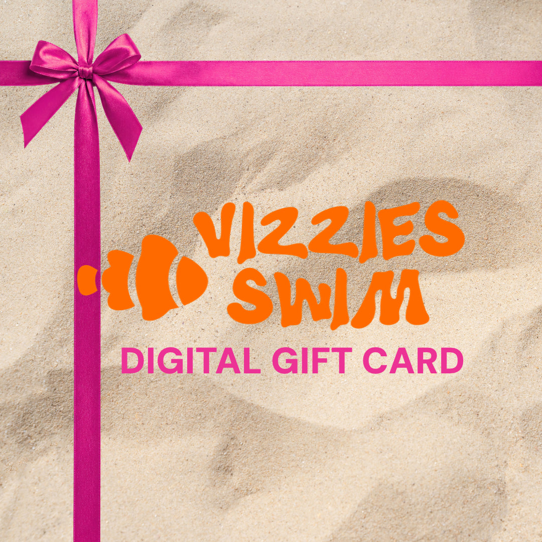 Digital gift card design for Vizzies Swim, featuring orange stylized lettering and a pink ribbon on a sandy beach background.