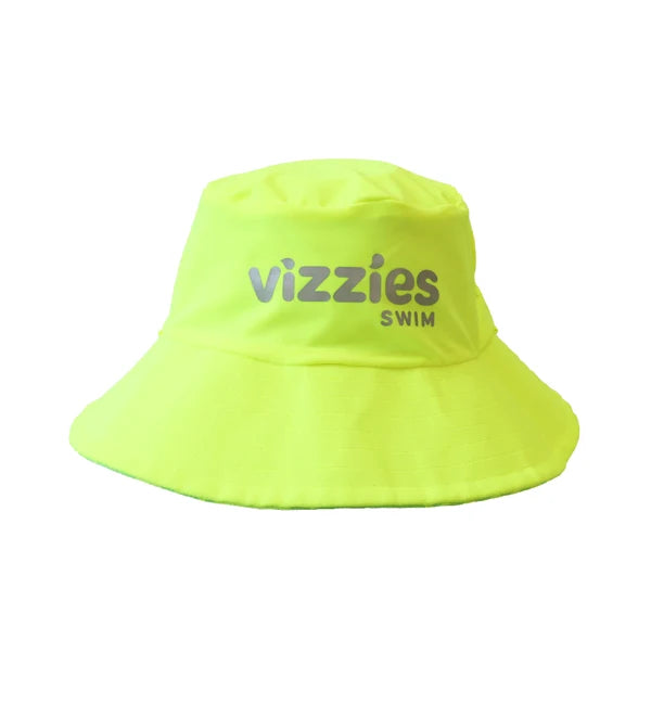A neon yellow bucket hat with 'Vizzies Swim' printed in grey on the front, set against a plain white background.