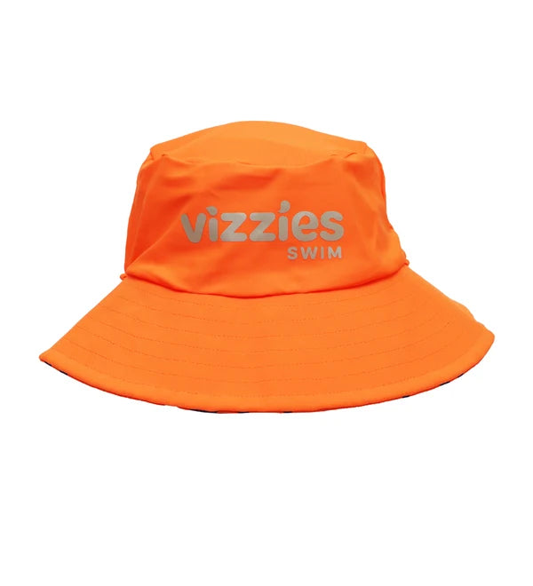 Bright orange bucket swim hat with 'vizzies SWIM' printed in gray on the front, shown against a plain white background.
