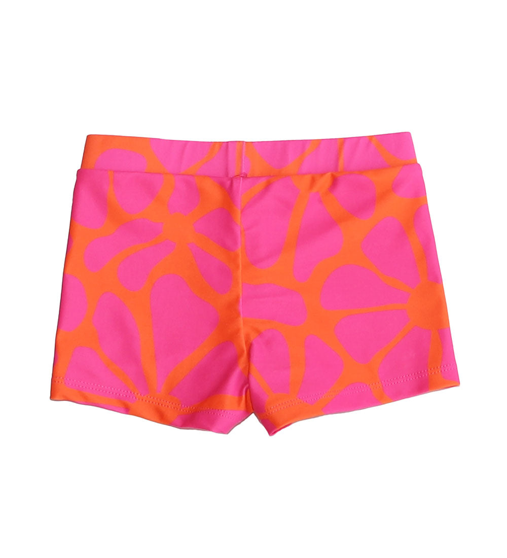 Bright pink and orange patterned swim shorts shown flat against a plain white background.
