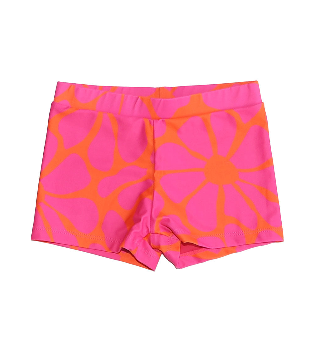 Bright pink and orange patterned swim shorts with a thick waistband, laid flat on a white background.