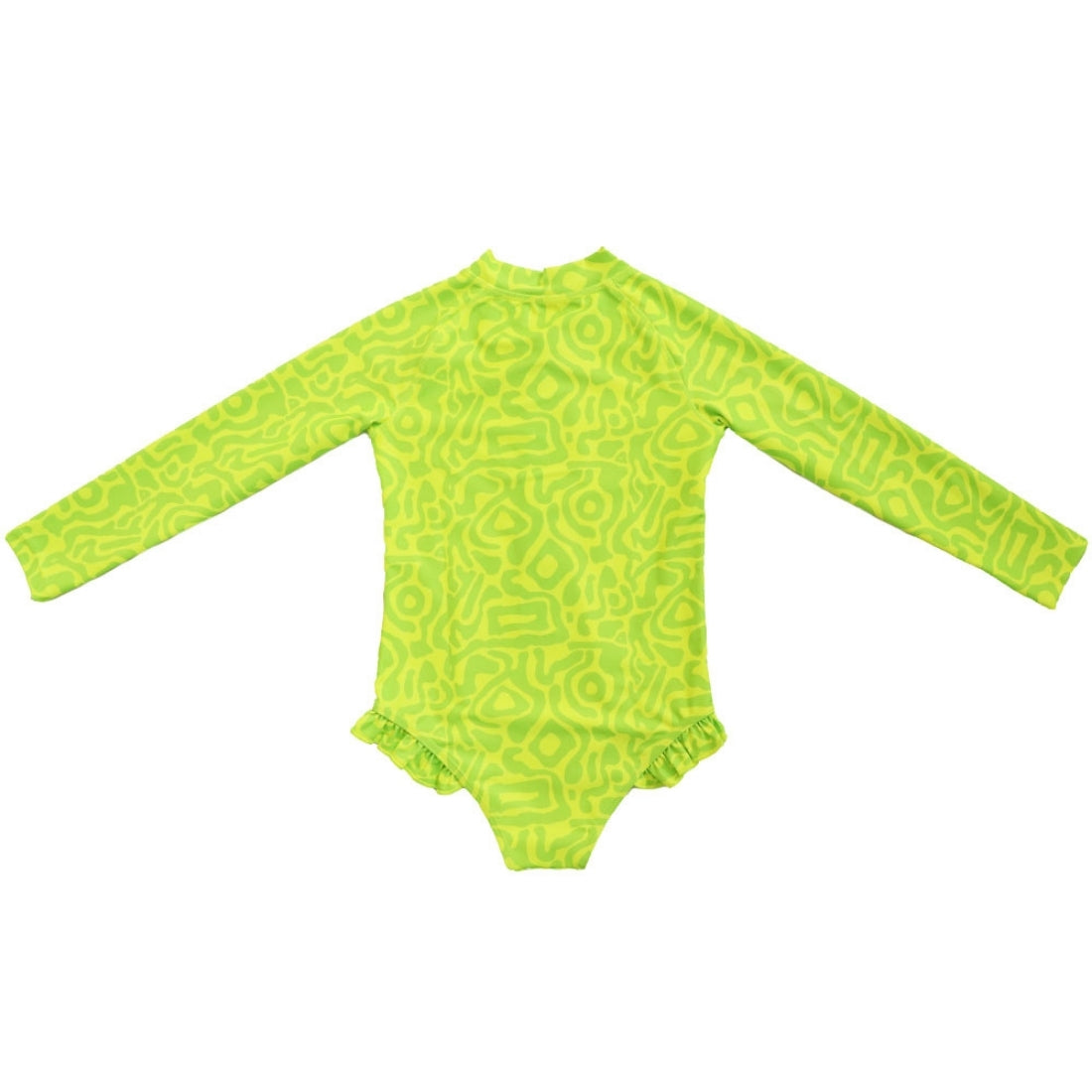 Bright lime light print long-sleeve girl swimsuit from Vizzies Swim with a mock neck, front zipper and ruffled legs, laid flat on a white background.