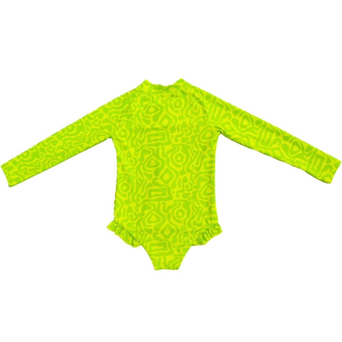 Bright lime light print long-sleeve girl swimsuit from Vizzies Swim with a mock neck and ruffled legs, laid flat on a white background.