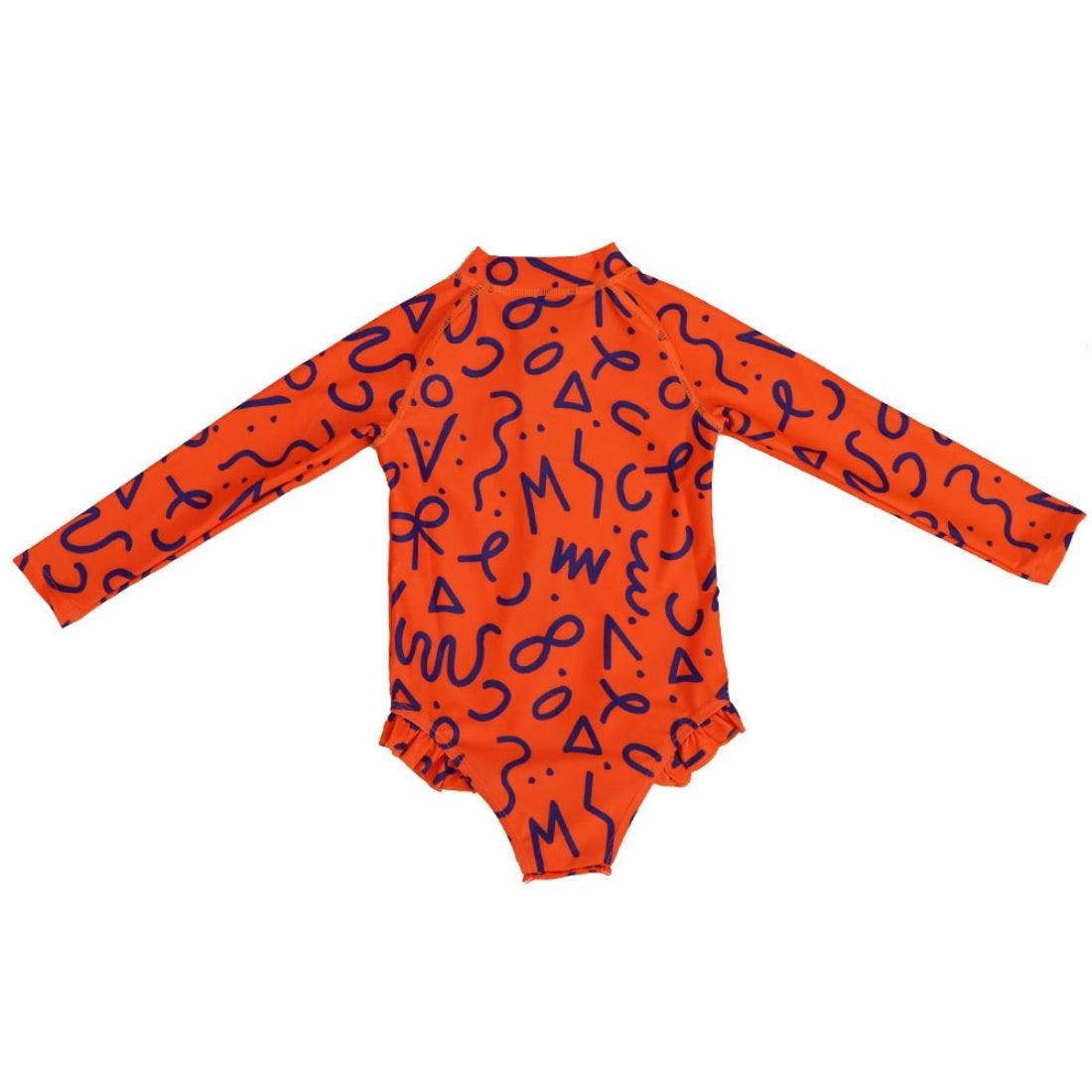 Bright squiggle pop print long-sleeve baby girl swimsuit from Vizzies Swim with a mock neck and ruffled legs, laid flat on a white background.