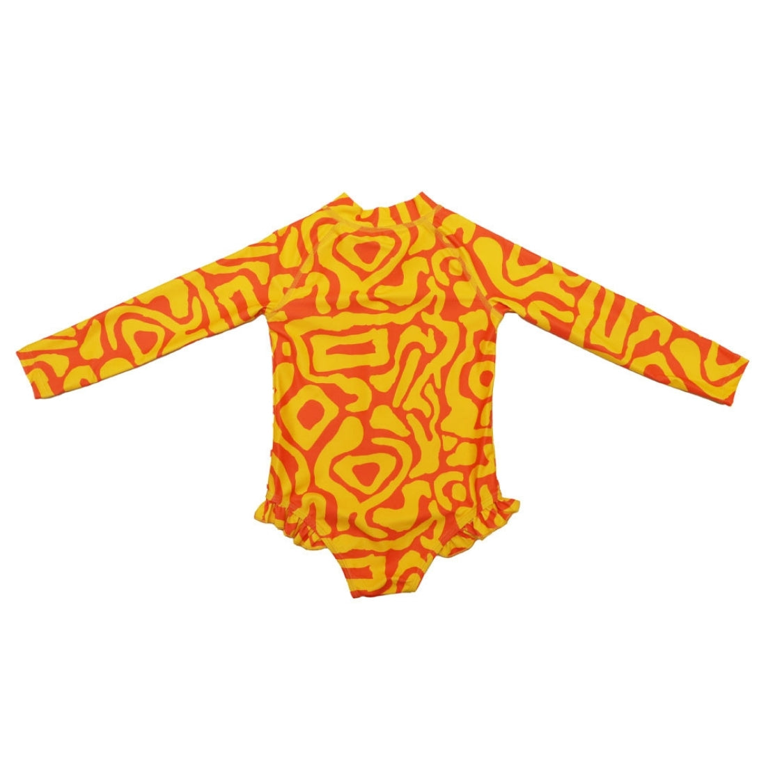 Bright sunburst print long-sleeve baby girl swimsuit from Vizzies Swim with a mock neck and ruffled legs laid flat on a white background.