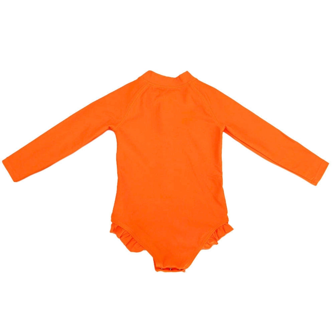 Bright orange long-sleeve baby girl swimsuit from Vizzies Swim with a mock neck and ruffled legs, laid flat on a white background.