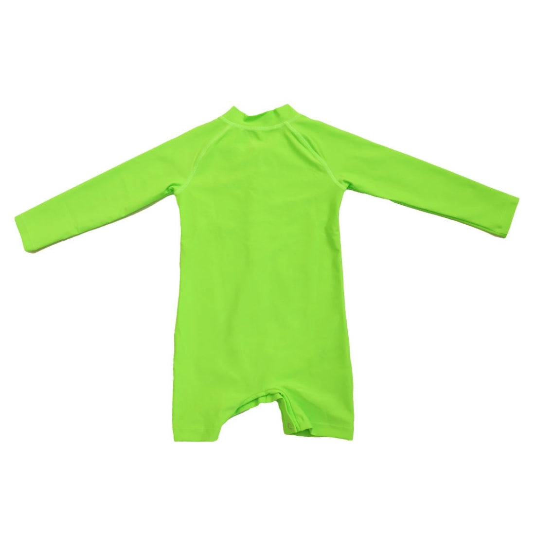 Bright green glow long-sleeve baby swimsuit from Vizzies Swim with a mock neck and cuffed legs, laid flat on a white background.