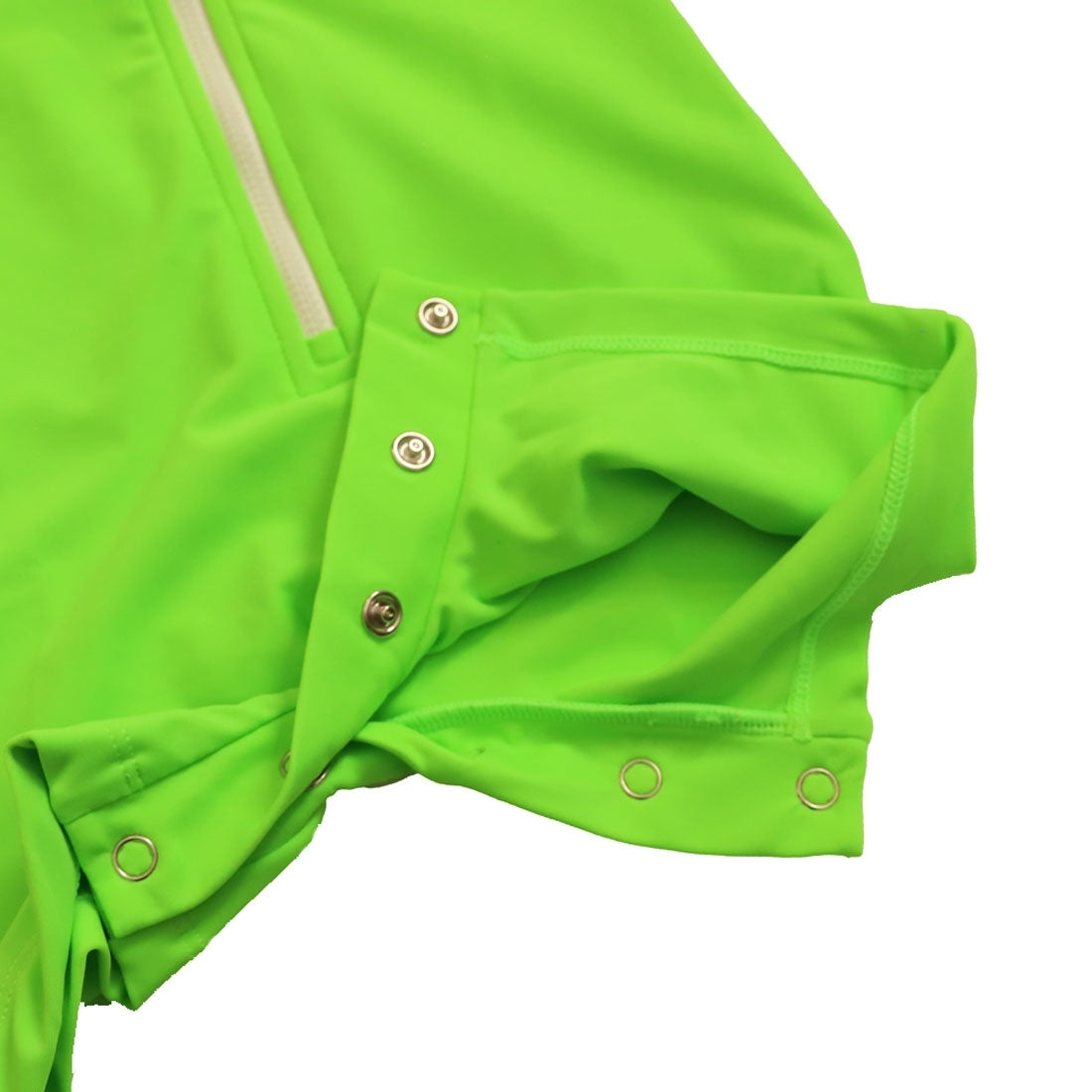 Bright green glow long-sleeve baby swimsuit from Vizzies Swim with a zipper front and crotch snaps, laid flat on a white background.