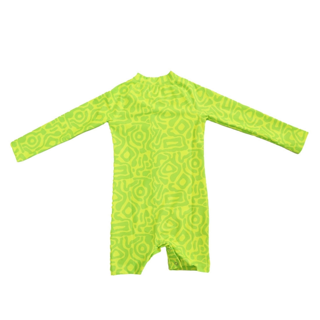 Bright lime light print long-sleeve baby swimsuit from Vizzies Swim with a mock neck and cuffed legs, laid flat on a white background.