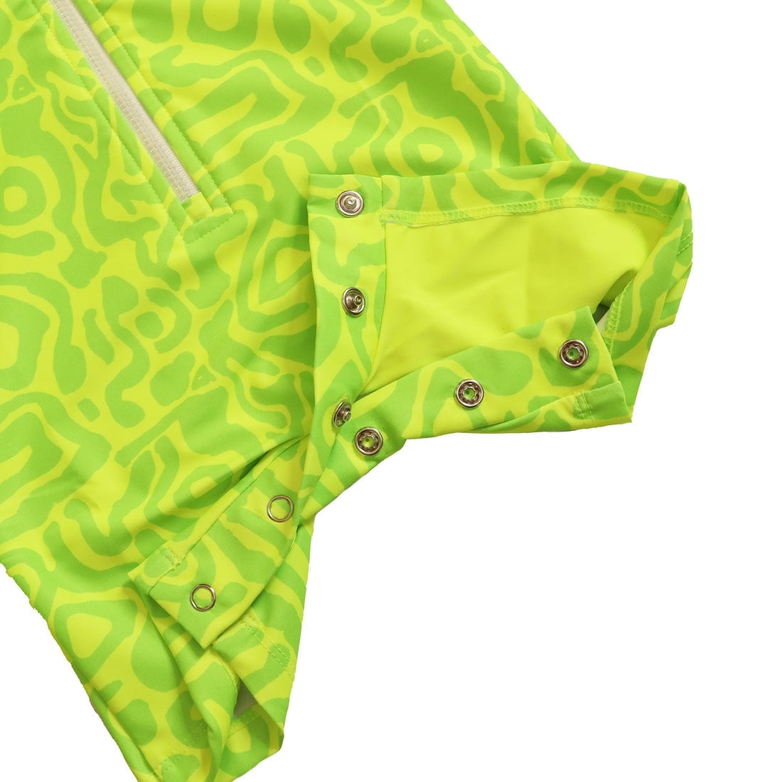 Bright lime light print long-sleeve baby swimsuit from Vizzies Swim with a zipper front and crotch snaps, laid flat on a white background.