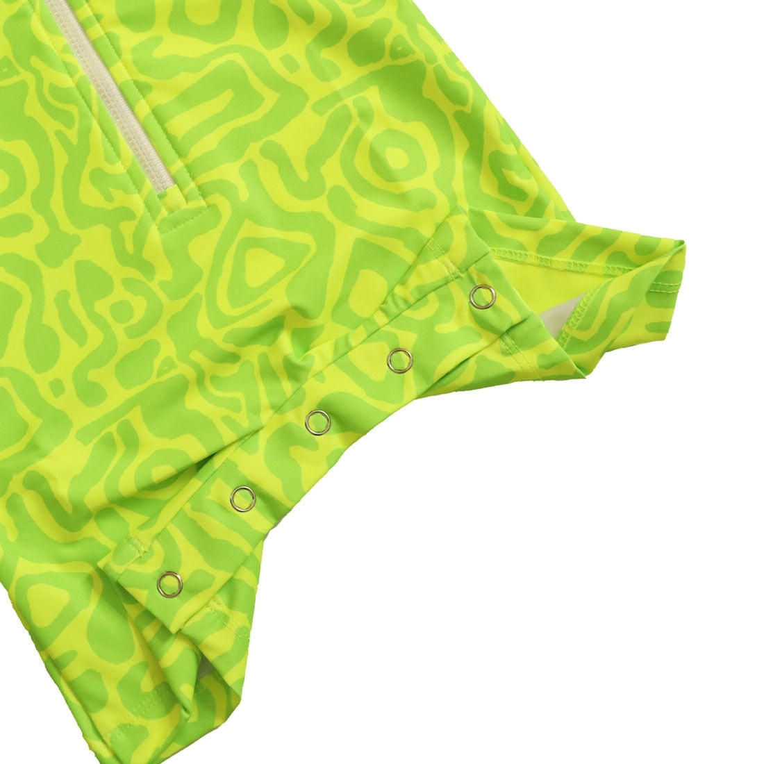 Bright lime light print long-sleeve baby swimsuit from Vizzies Swim with a zipper front and crotch snaps, laid flat on a white background.