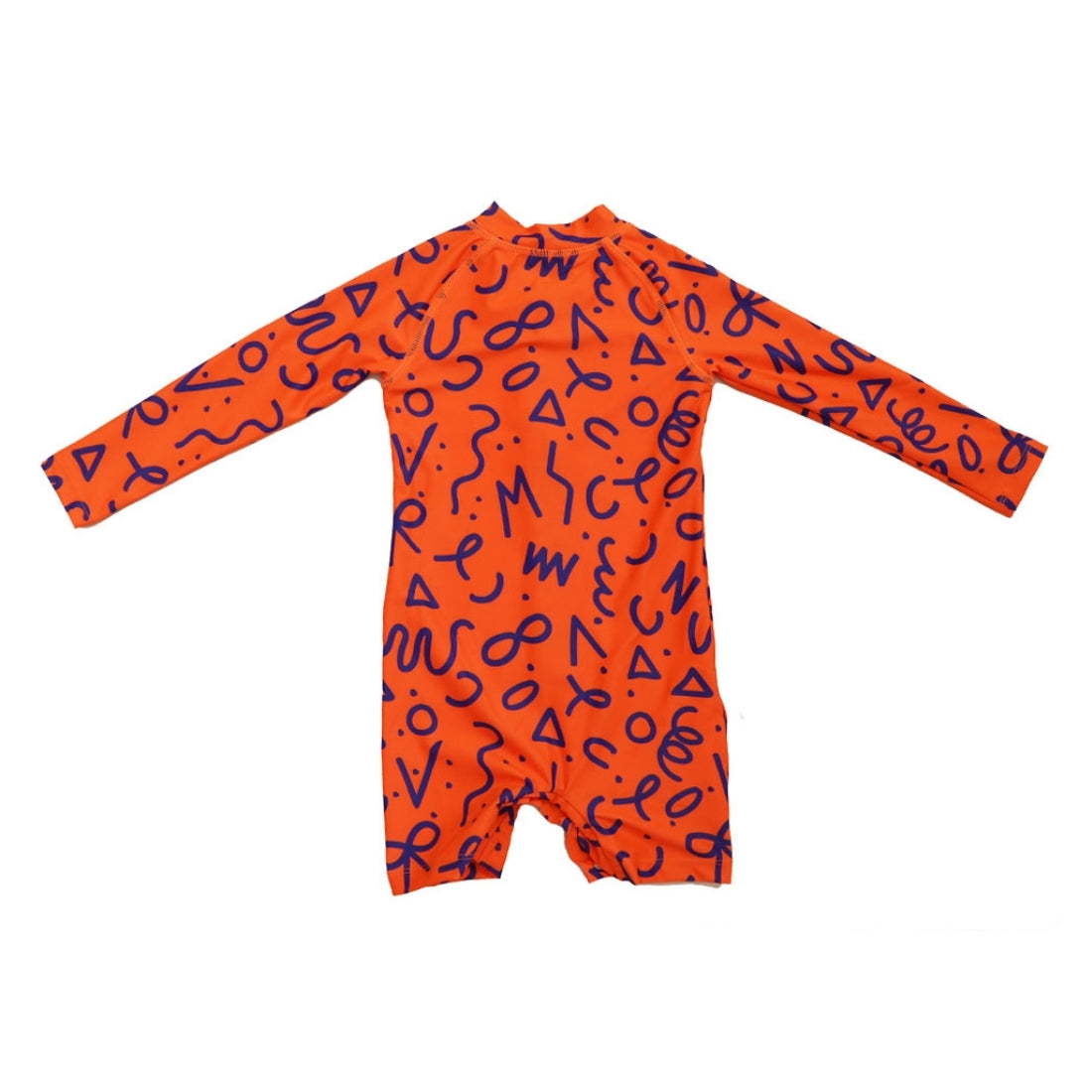 Bright squiggle pop print long-sleeve baby swimsuit from Vizzies Swim with a mock neck and cuffed legs, laid flat on a white background.