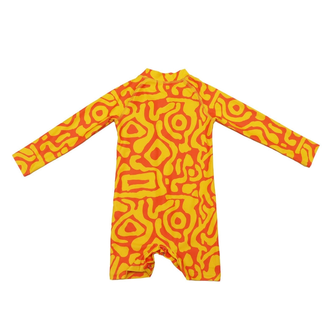 Bright sunburst print long-sleeve baby swimsuit from Vizzies Swim with a mock neck and cuffed legs, laid flat on a white background.