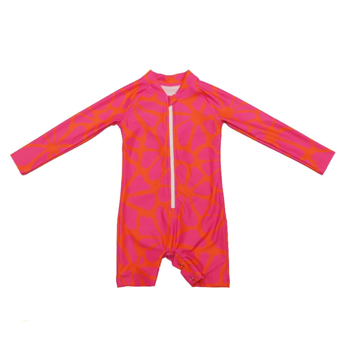 Bright tangy blossom print long-sleeve baby swimsuit from Vizzies Swim with a mock neck and cuffed legs, laid flat on a white background.