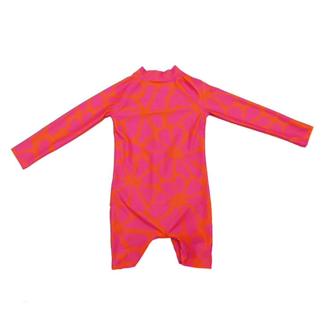 Bright tangy blossom print long-sleeve baby swimsuit from Vizzies Swim with a mock neck and cuffed legs, laid flat on a white background.