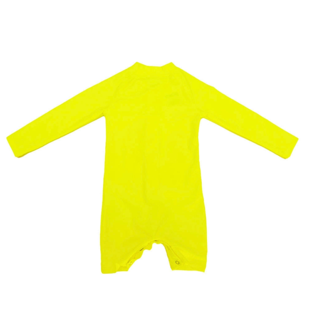 Bright yellow long-sleeve baby swimsuit from Vizzies Swim with a mock neck and cuffed legs, laid flat on a white background.