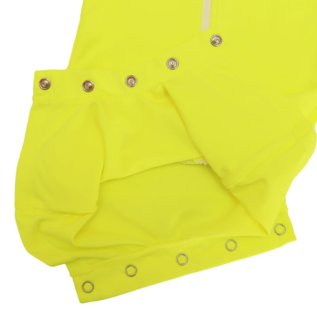 Close-up detail of a neon yellow baby swimsuit from Vizzies Swim, showing the crotch with three metal grommets and a light-colored zipper tab on a white background.