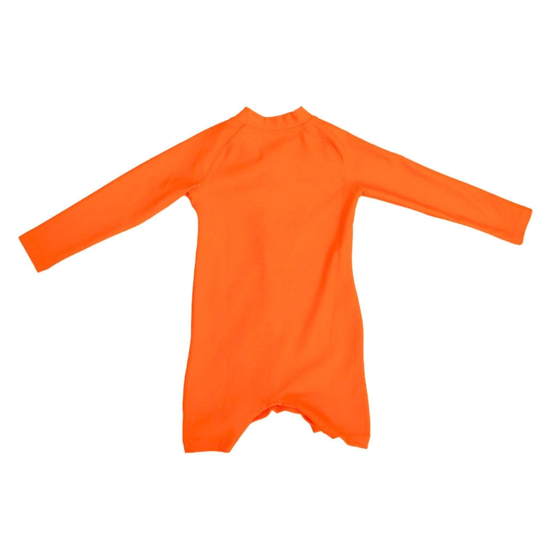 Bright orange long-sleeve baby swimsuit from Vizzies Swim with a mock neck and cuffed legs, laid flat on a white background.