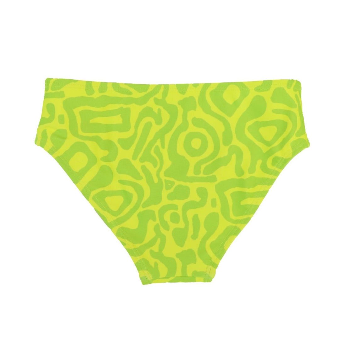 Vizzies Swim lime light print girls bikini bottoms laying flat against a white background. 