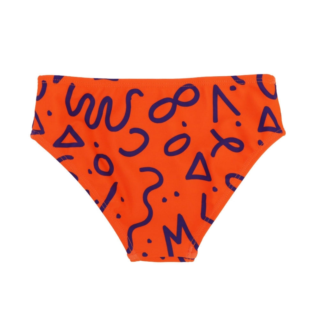 Vizzies Swim squiggle pop print girls bikini bottoms laying flat against a white background. 
