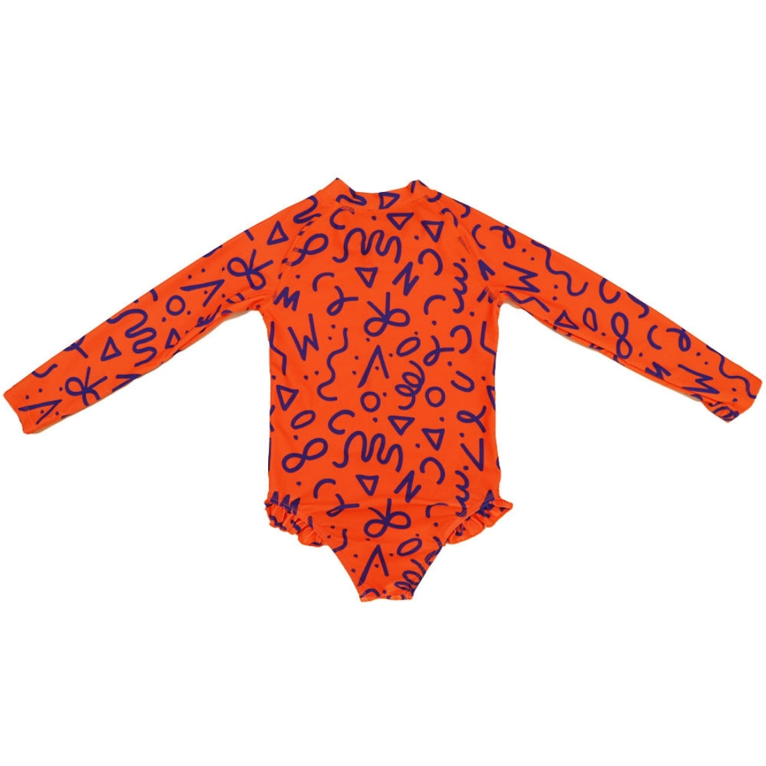 Bright squiggle pop print long-sleeve girl swimsuit from Vizzies Swim with a mock neck and ruffled legs, laid flat on a white background.