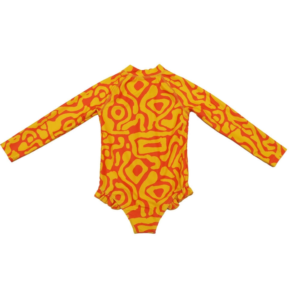 Bright sunburst print long-sleeve girl swimsuit from Vizzies Swim with a mock neck and ruffled legs, laid flat on a white background.
