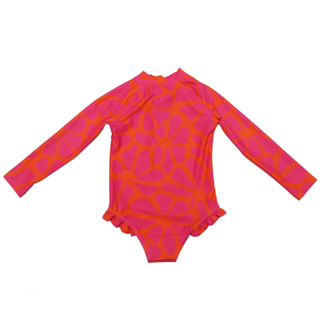 Bright tangy blossom print long-sleeve girl swimsuit from Vizzies Swim with a mock neck and ruffled legs, laid flat on a white background.
