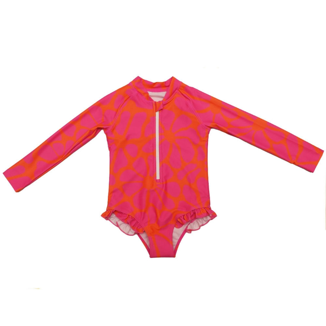 Bright tangy blossom print long-sleeve girl swimsuit from Vizzies Swim with a mock neck, front zipper and ruffled legs, laid flat on a white background.