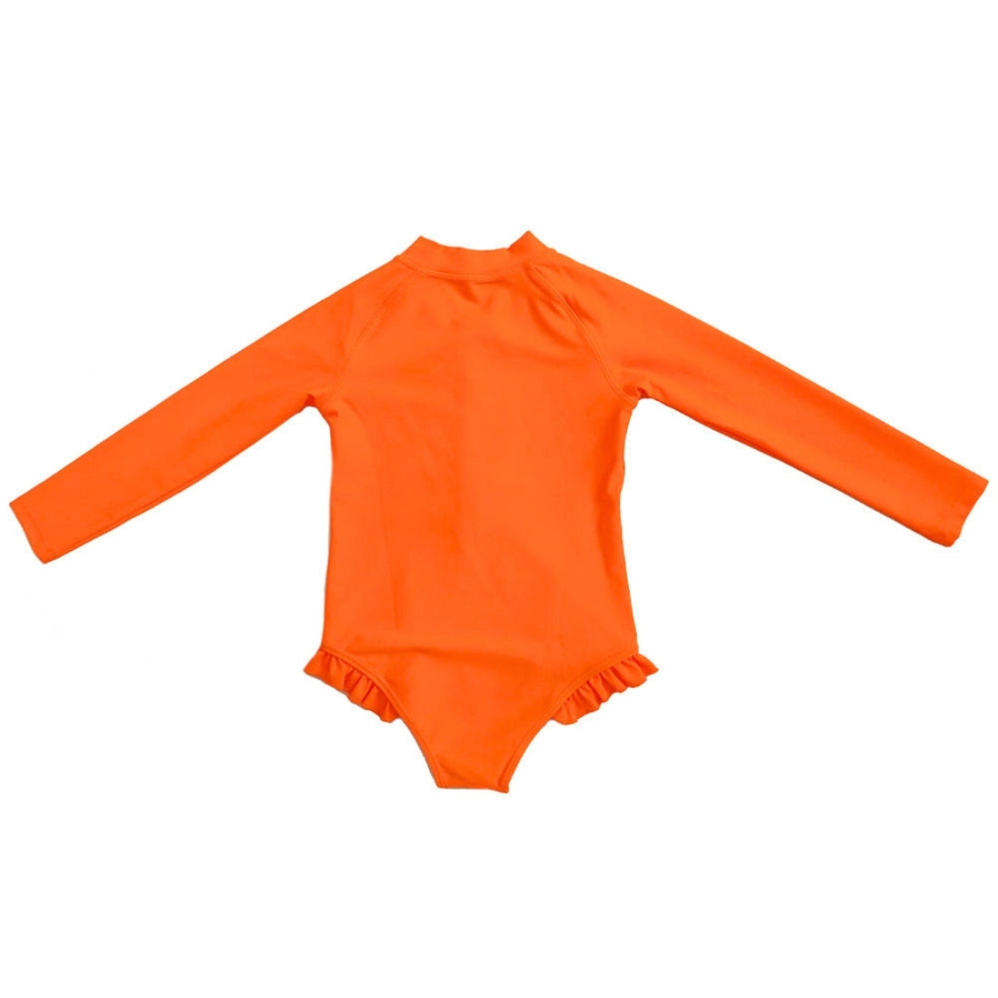 Bright orange long-sleeve girl swimsuit from Vizzies Swim with a mock neck and ruffled legs, laid flat on a white background.