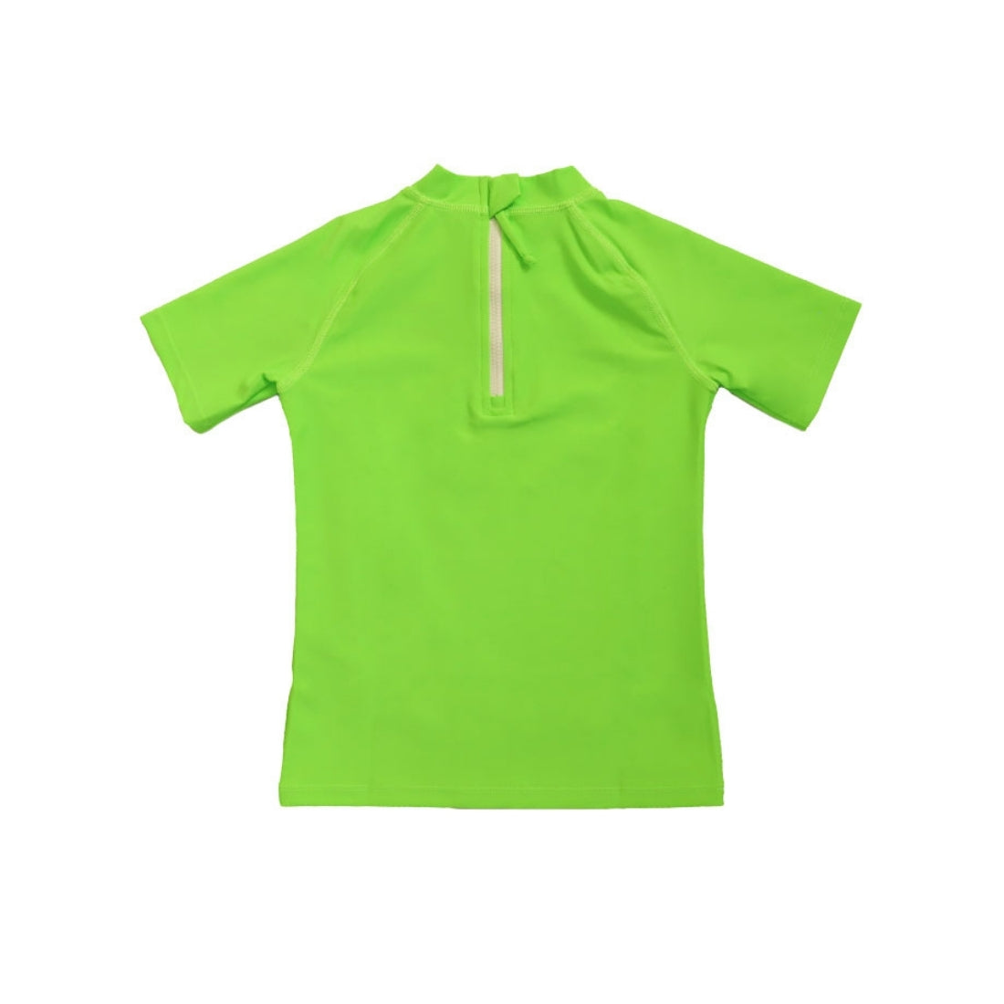 A Vizzies Swim short-sleeve kids rashie in bright green displayed flat against a solid white background, showing the back zipper.