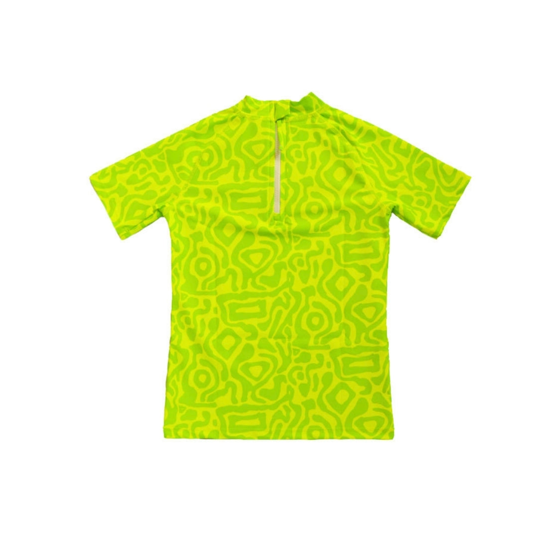 A Vizzies Swim short-sleeve kids rashie in lime light print displayed flat against a solid white background, showing the back zipper.
