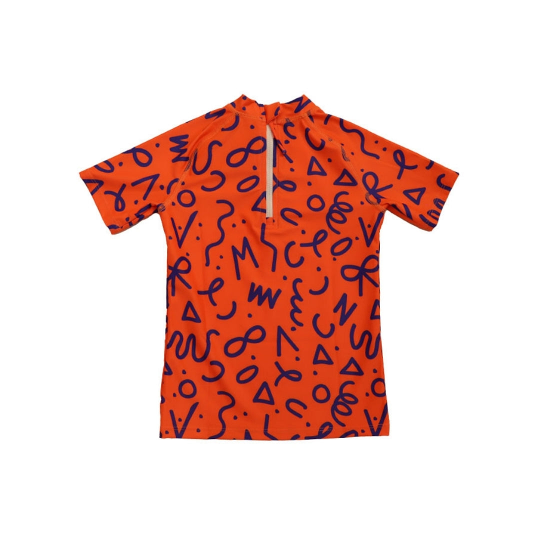 A Vizzies Swim short-sleeve kids rashie in squiggle pop print displayed flat against a solid white background, showing the back zipper.