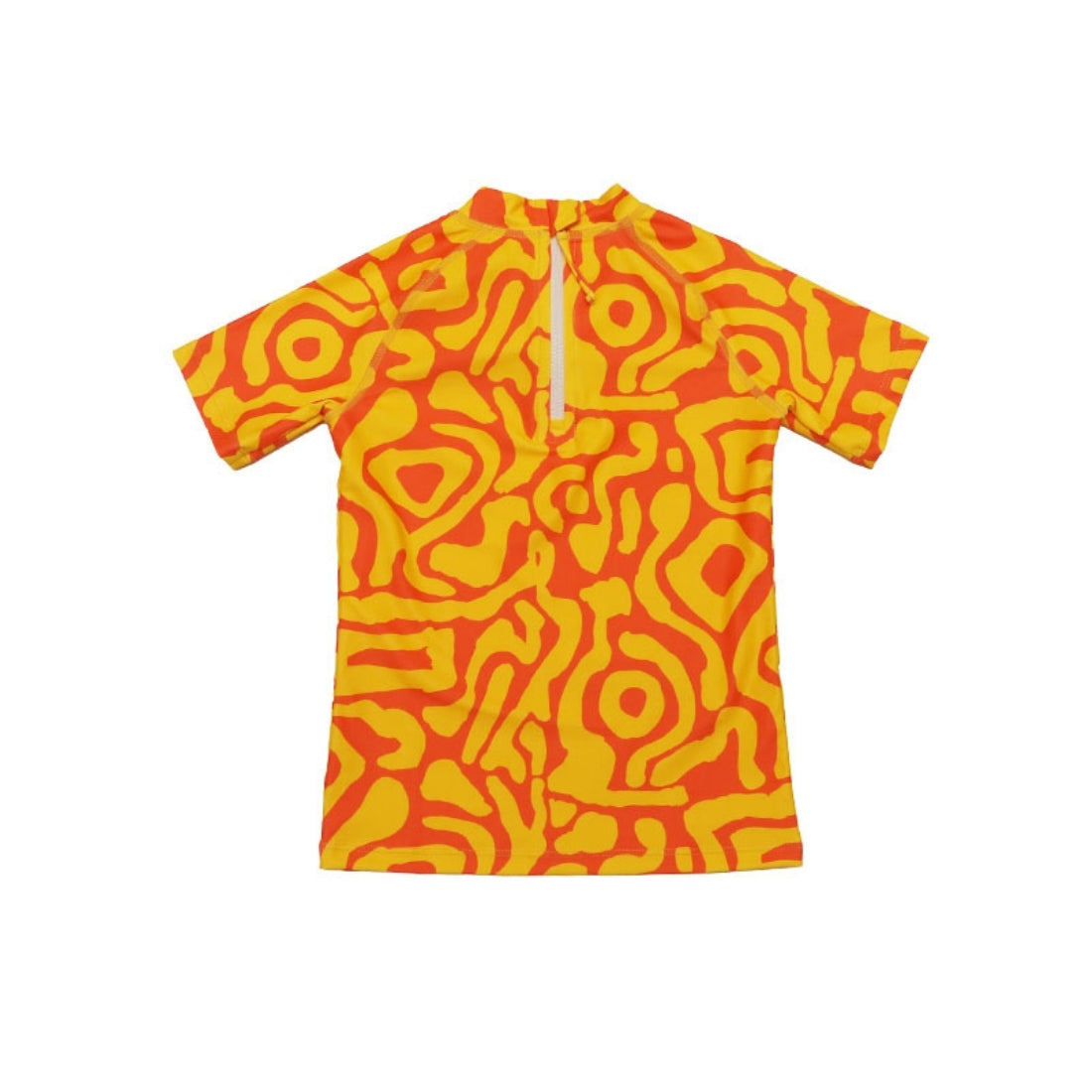 A Vizzies Swim short-sleeve kids rashie in sunburst print displayed flat against a solid white background, showing the back zipper.