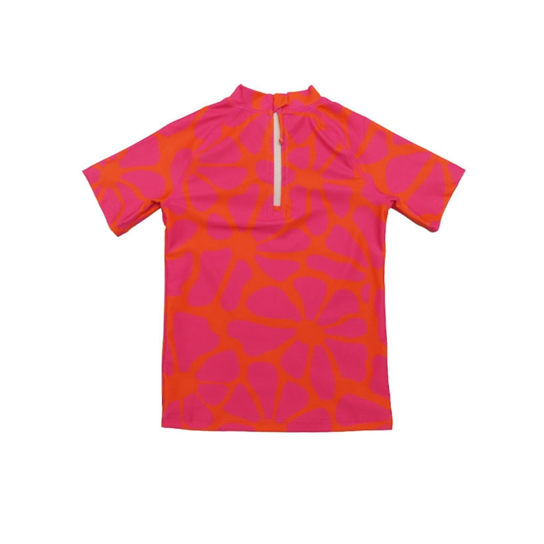 A Vizzies Swim short-sleeve kids rashie in tangy blossom print displayed flat against a solid white background, showing the back zipper.