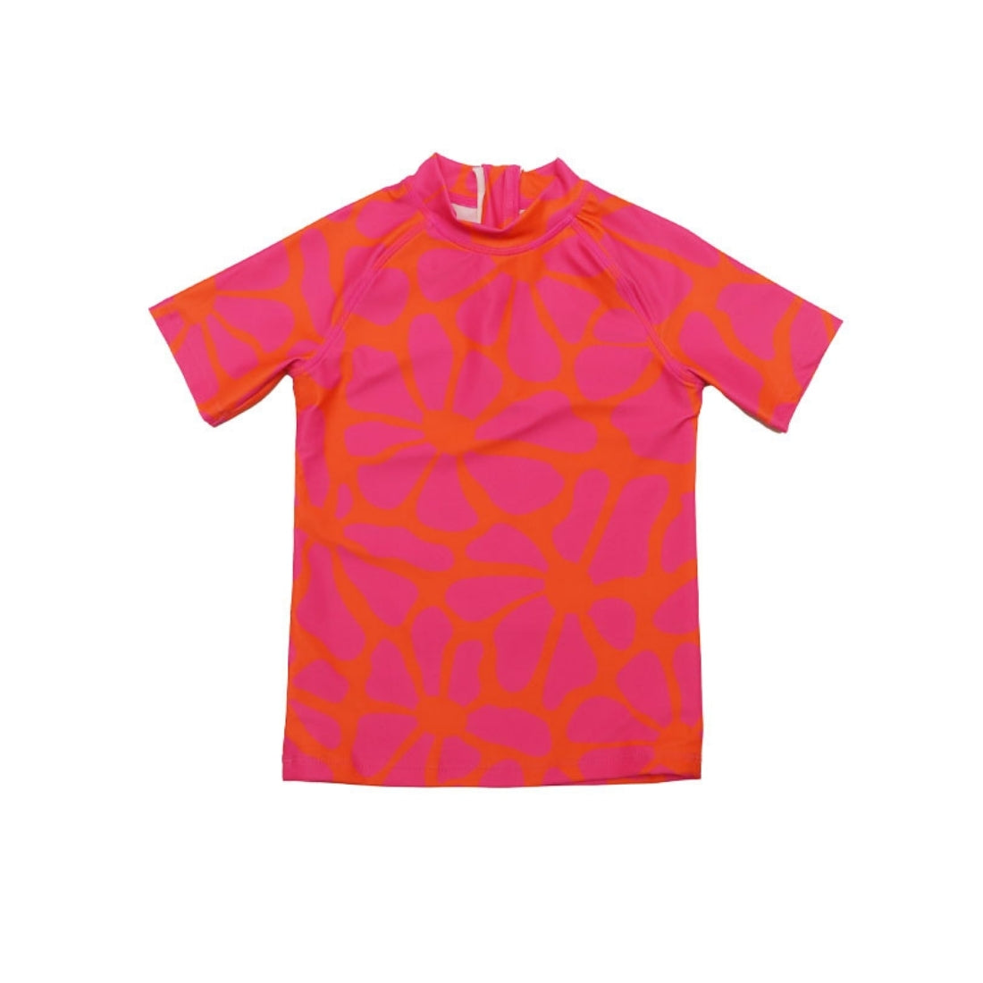 A Vizzies Swim short-sleeve kids rashie in tangy blossom print displayed flat against a solid white background.
