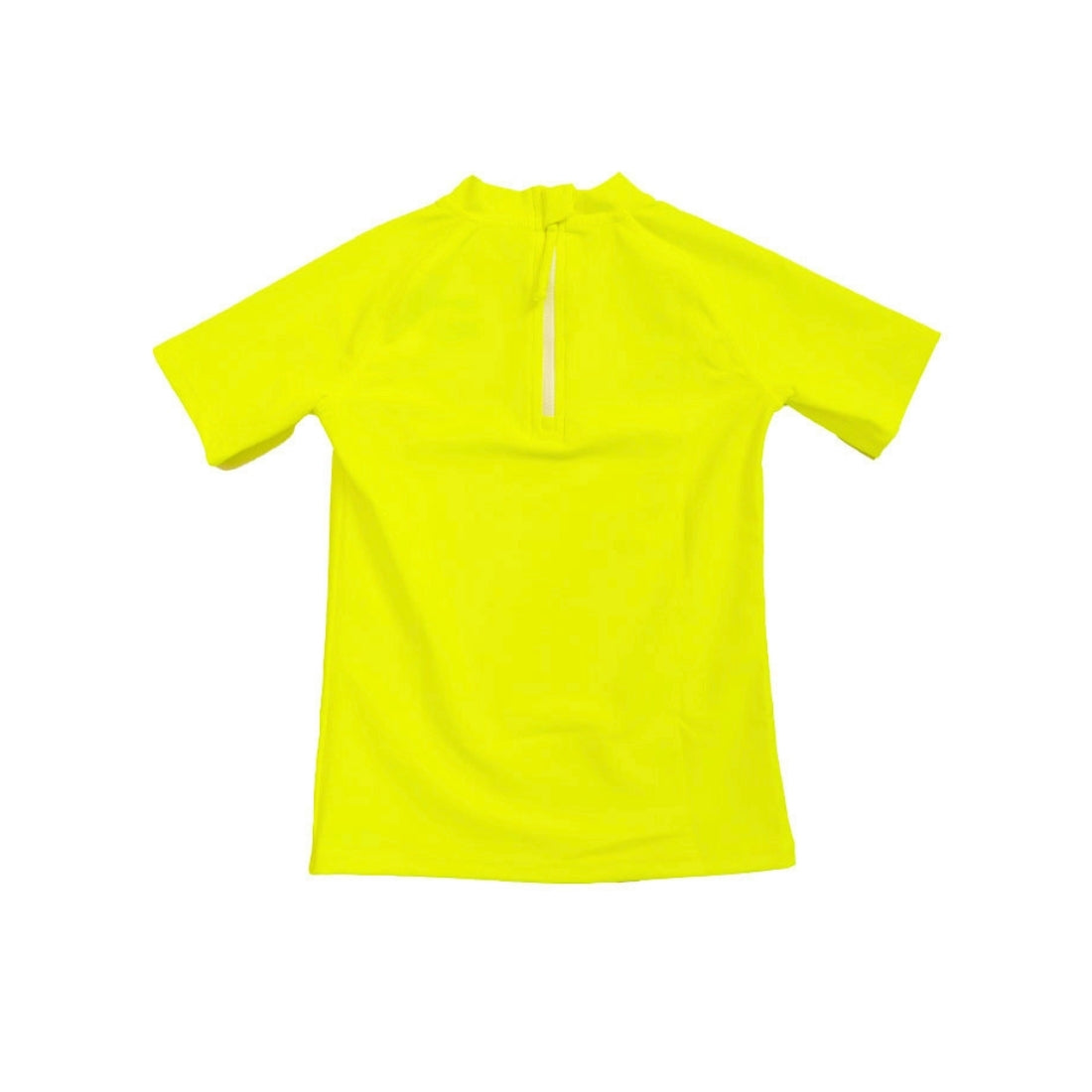 A Vizzies Swim short-sleeve kids rashie bright yellow displayed flat against a solid white background, showing the back zipper.