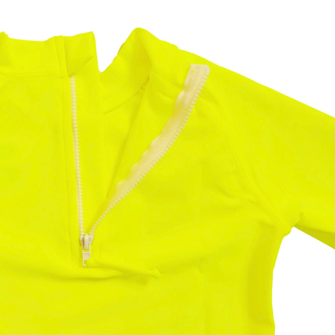 Close-up of a bright yellow kids swim rashie with a white zipper running vertically down the centre.