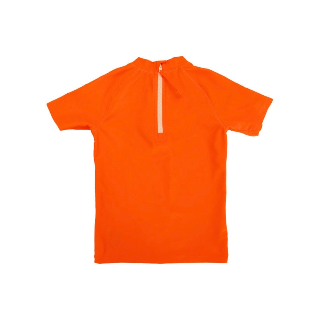 A Vizzies Swim short-sleeve kids rashie in bright orange displayed flat against a solid white background, showing the back zipper.