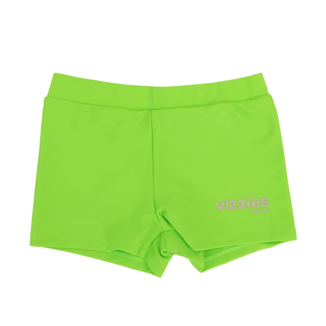 Bright green Vizzies Swim kids swim shorts, shown flat against a plain white background.