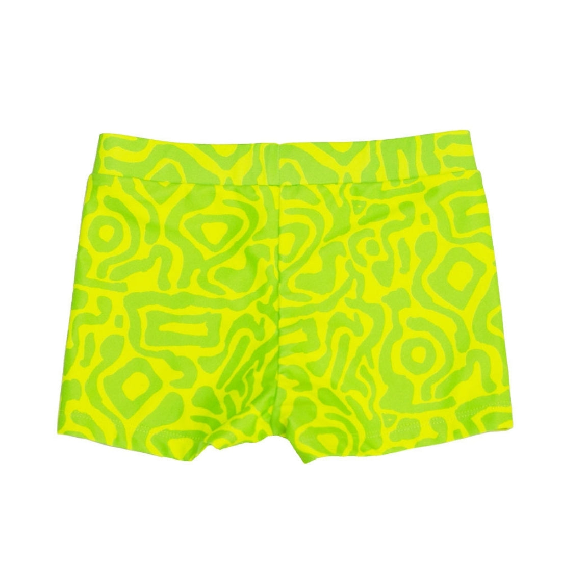 Bright lime light print Vizzies Swim kids swim shorts, shown flat against a plain white background.
