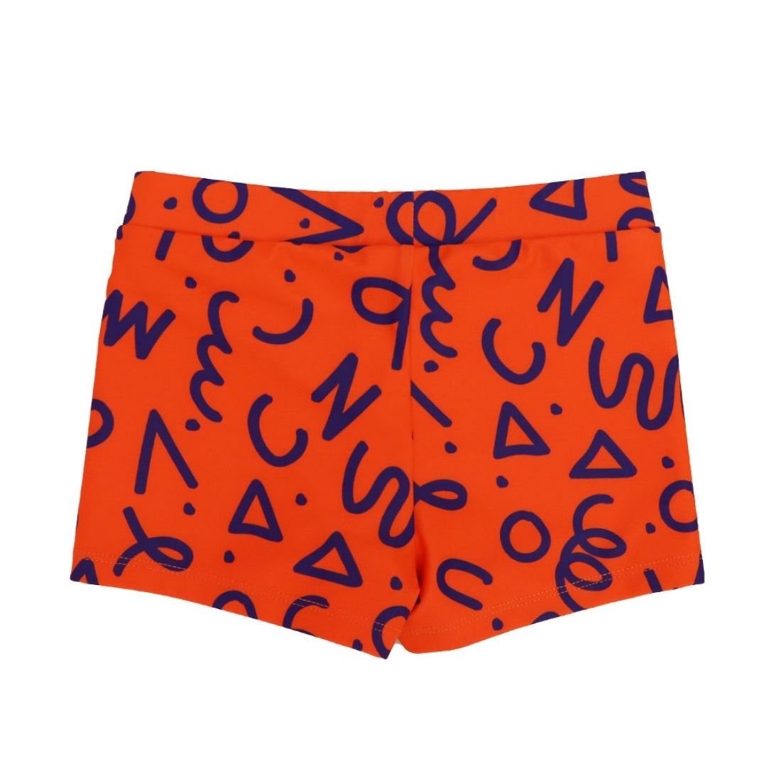 Bright squiggle pop print Vizzies Swim kids swim shorts, shown flat against a plain white background.