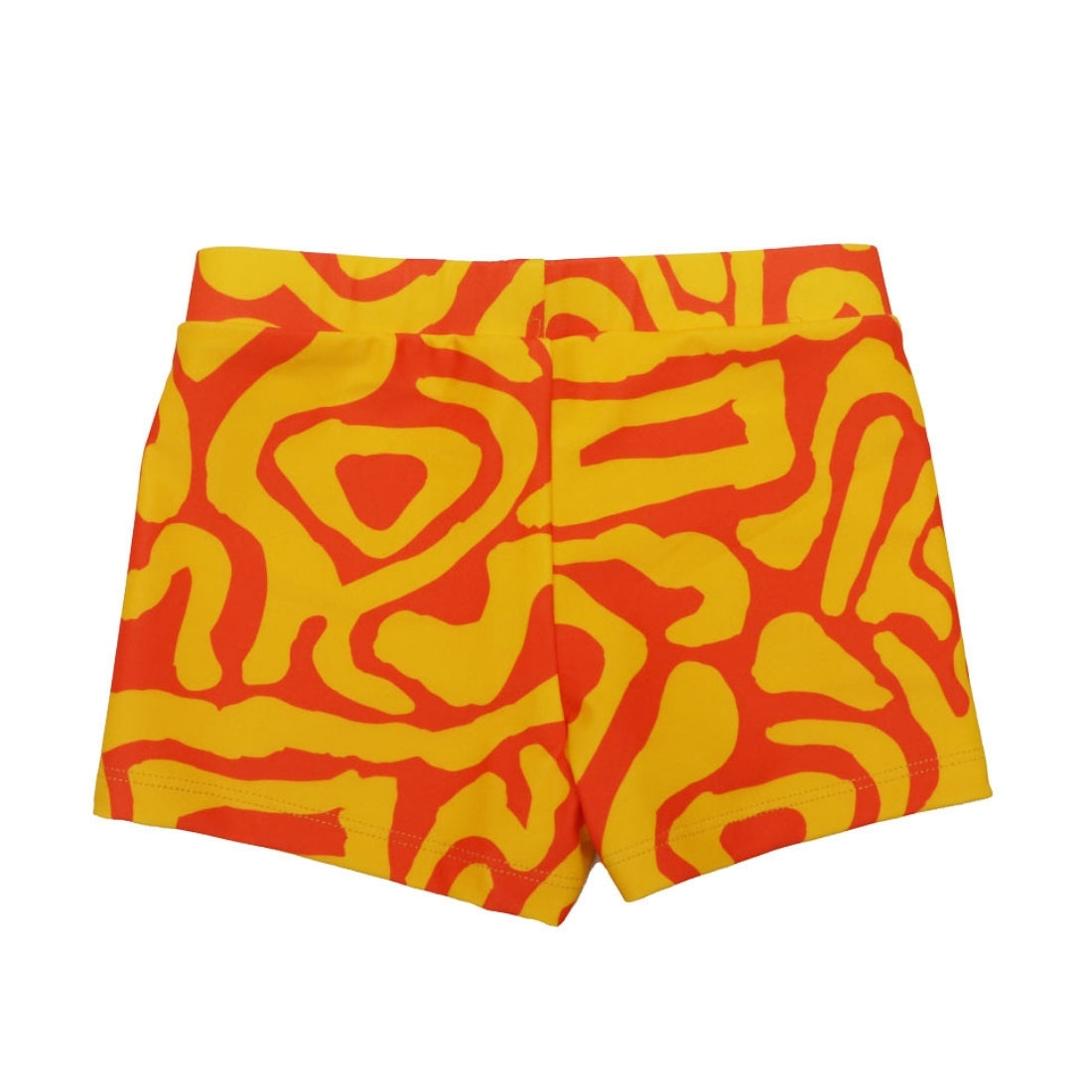 Bright sunburst print Vizzies Swim kids swim shorts, shown flat against a plain white background.