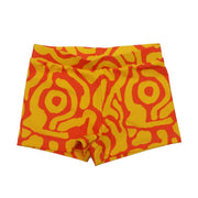 Bright sunburst print Vizzies Swim kids swim shorts, shown flat against a plain white background.